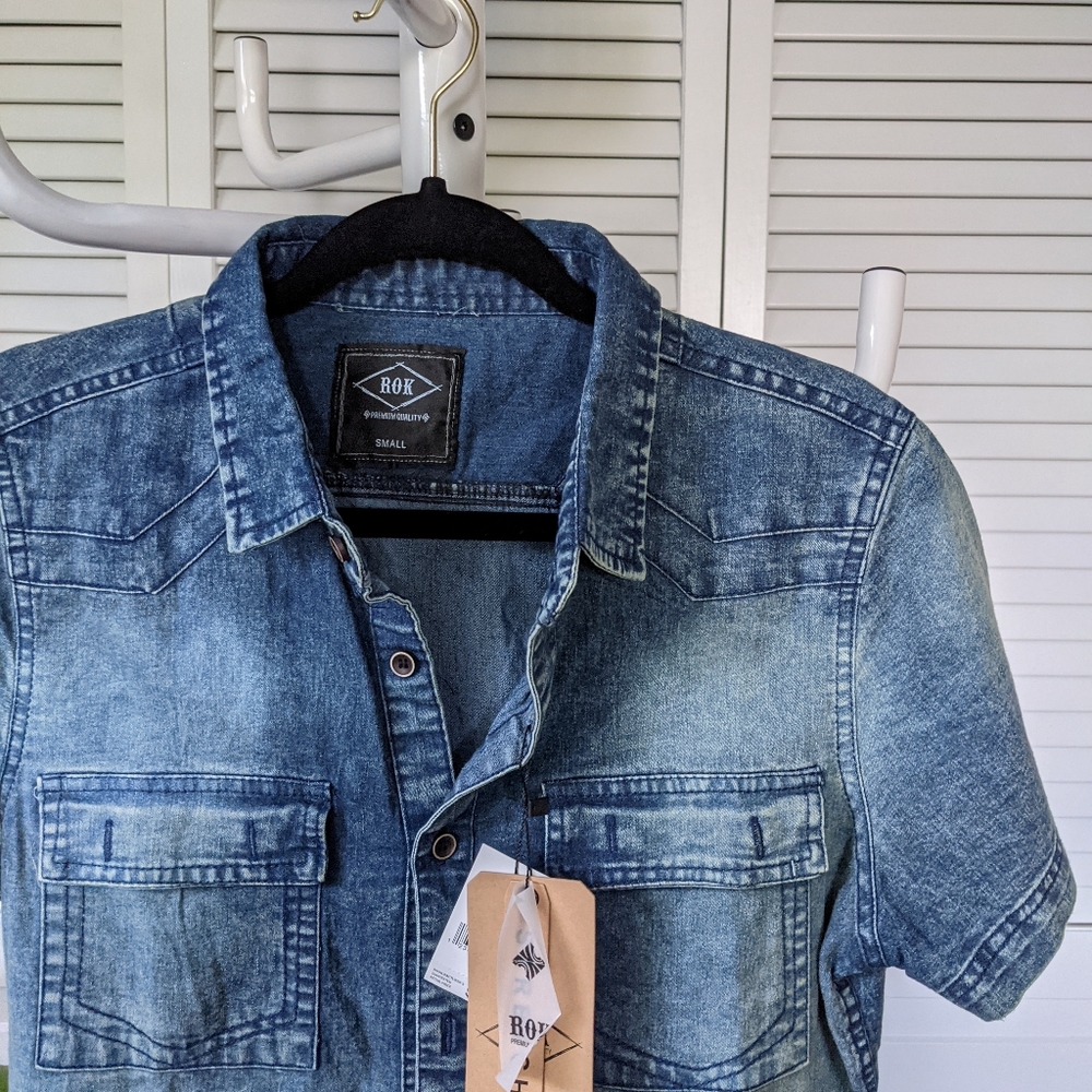 ROK Brand New Denim Short Sleeve Shirt Vintage Wash Size Small 455 - Picture 3 of 5